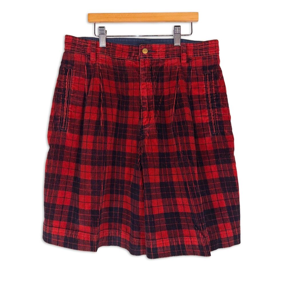 Vintage Lizsport Plaid Corduroy Shorts Red Pleated High Rise Preppy 90s